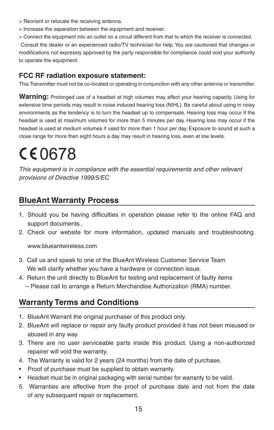 Blueant warranty process, Warranty terms and conditions | BlueAnt V12 LCD Bluetooth Headset User Manual | Page 15 / 16
