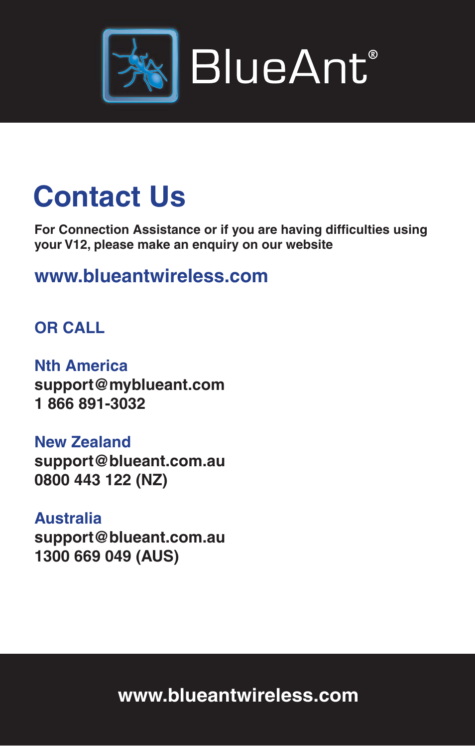 Contact us | BlueAnt V12 LCD Bluetooth Headset User Manual | Page 16 / 16