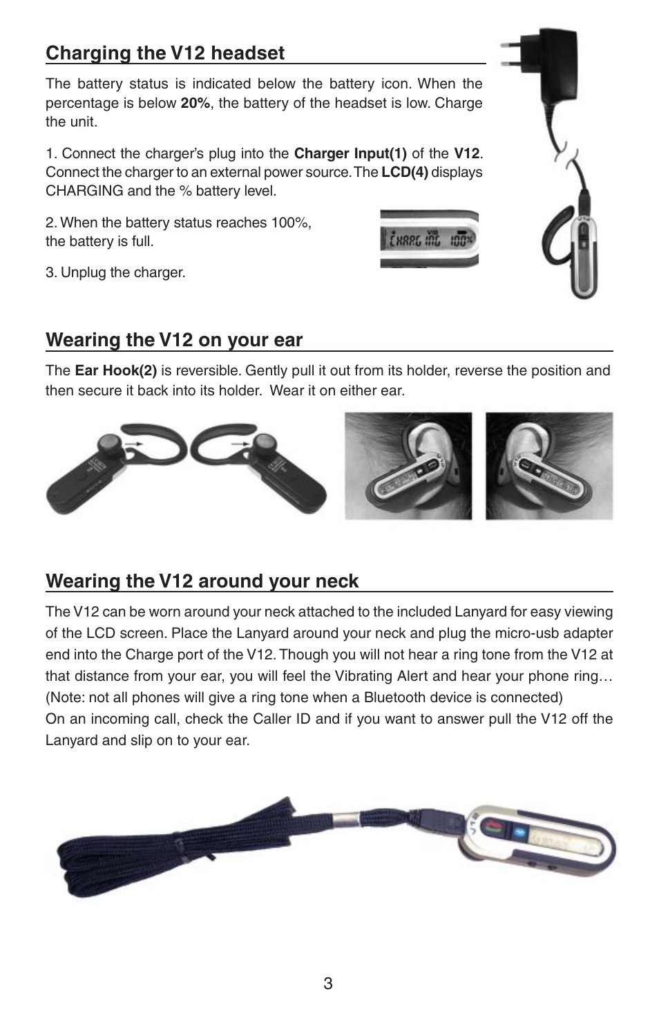 Charging the v12 headset, Wearing the v12 on your ear, Wearing the v12 around your neck | BlueAnt V12 LCD Bluetooth Headset User Manual | Page 3 / 16