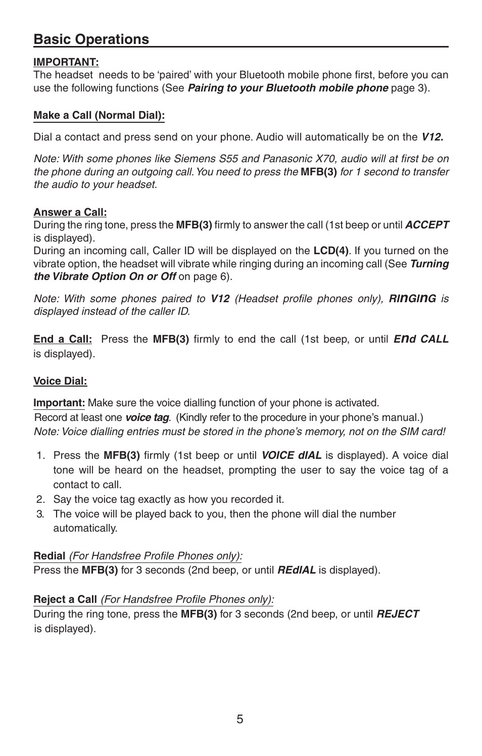 Basic operations | BlueAnt V12 LCD Bluetooth Headset User Manual | Page 5 / 16