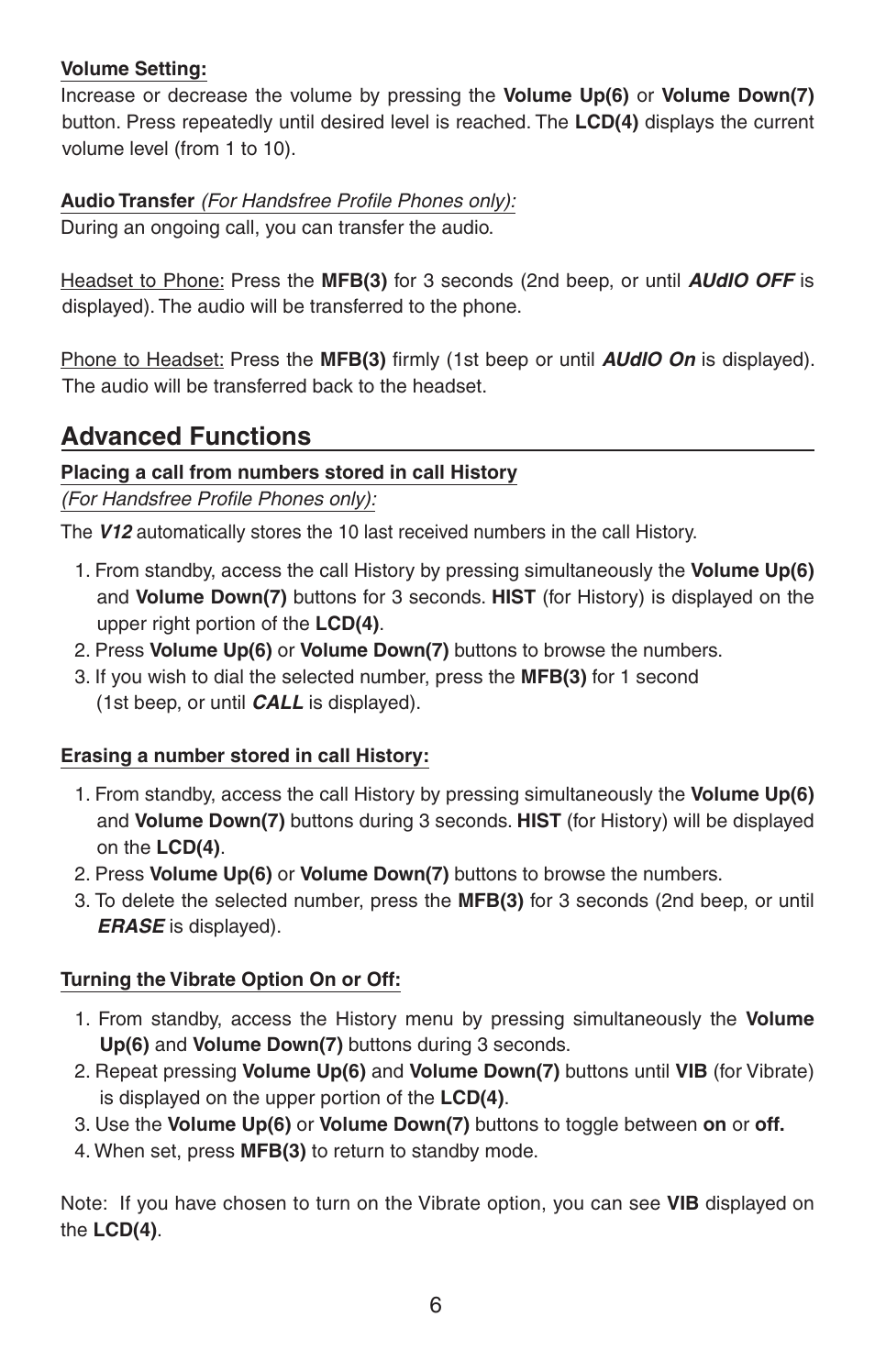 Advanced functions | BlueAnt V12 LCD Bluetooth Headset User Manual | Page 6 / 16