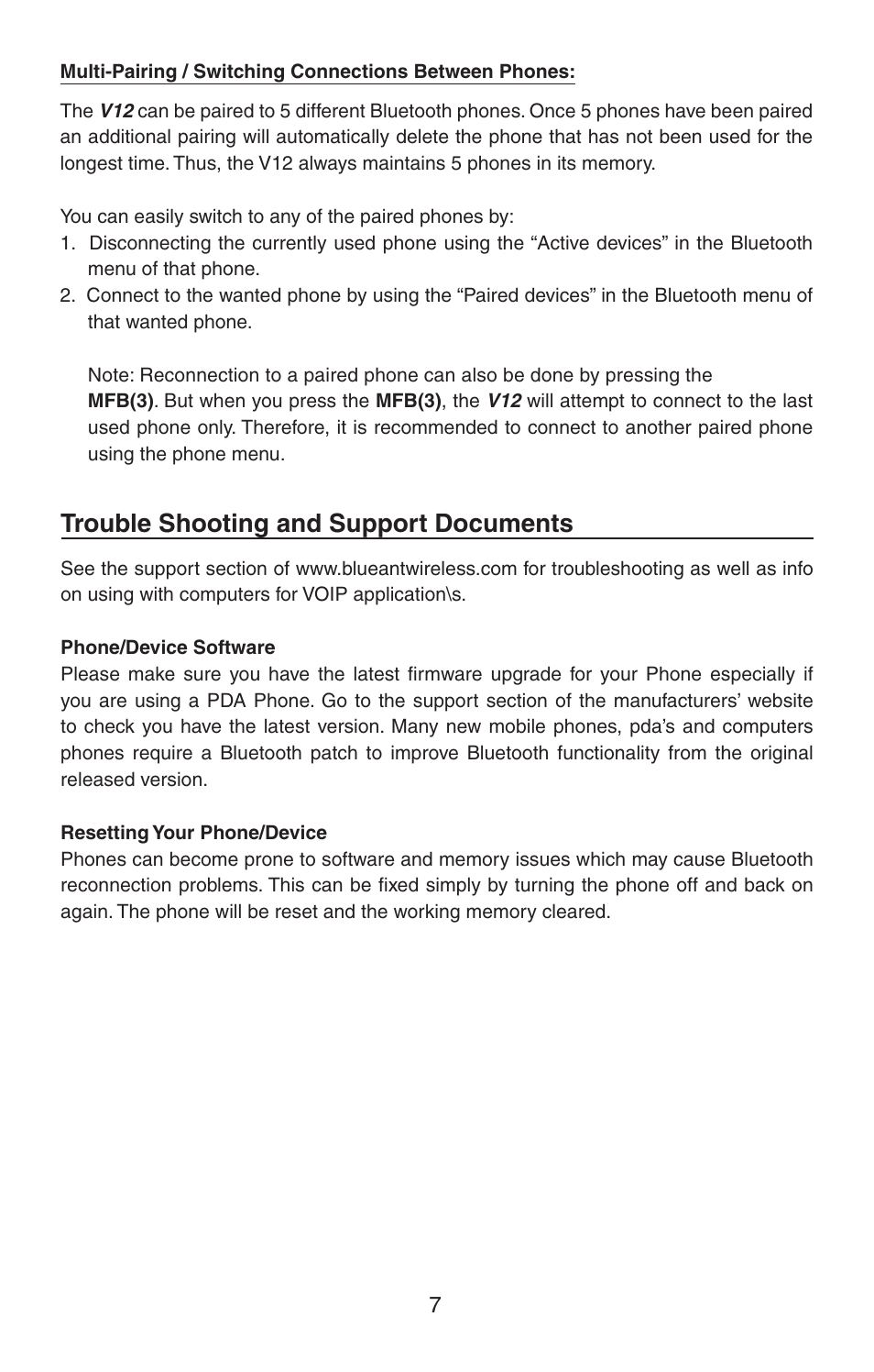 Trouble shooting and support documents | BlueAnt V12 LCD Bluetooth Headset User Manual | Page 7 / 16