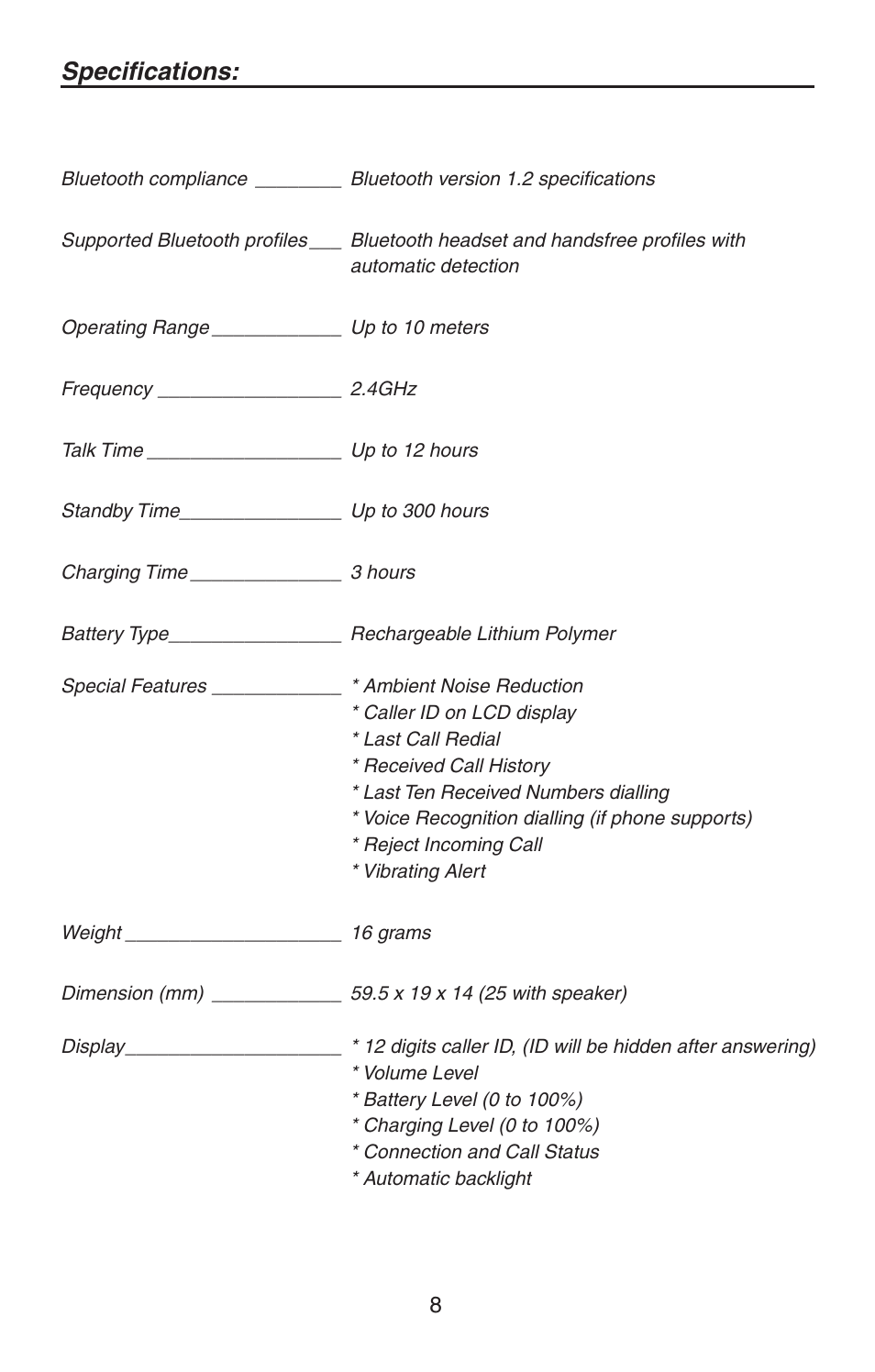 Specifi cations | BlueAnt V12 LCD Bluetooth Headset User Manual | Page 8 / 16