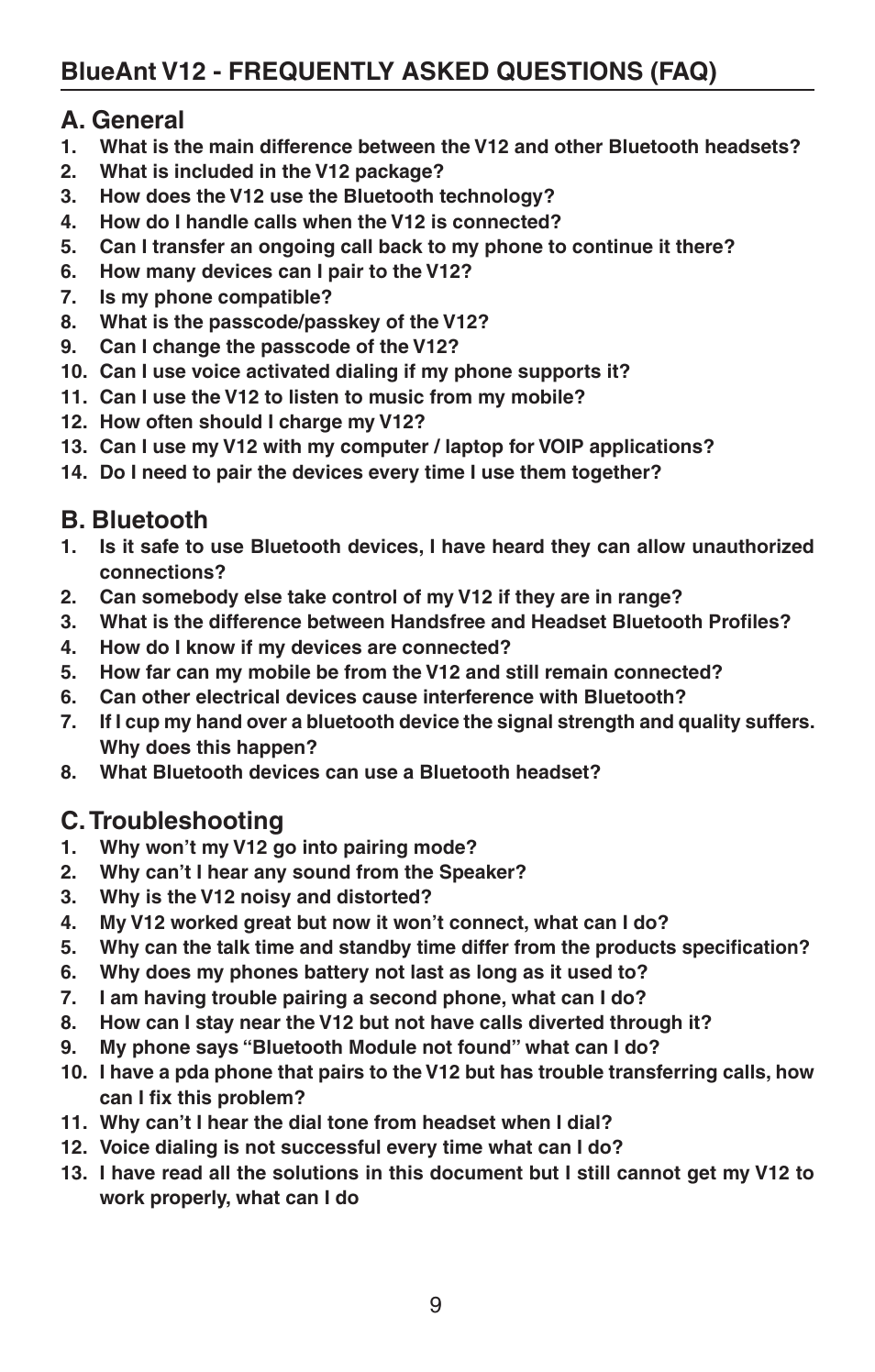 B. bluetooth, C. troubleshooting | BlueAnt V12 LCD Bluetooth Headset User Manual | Page 9 / 16