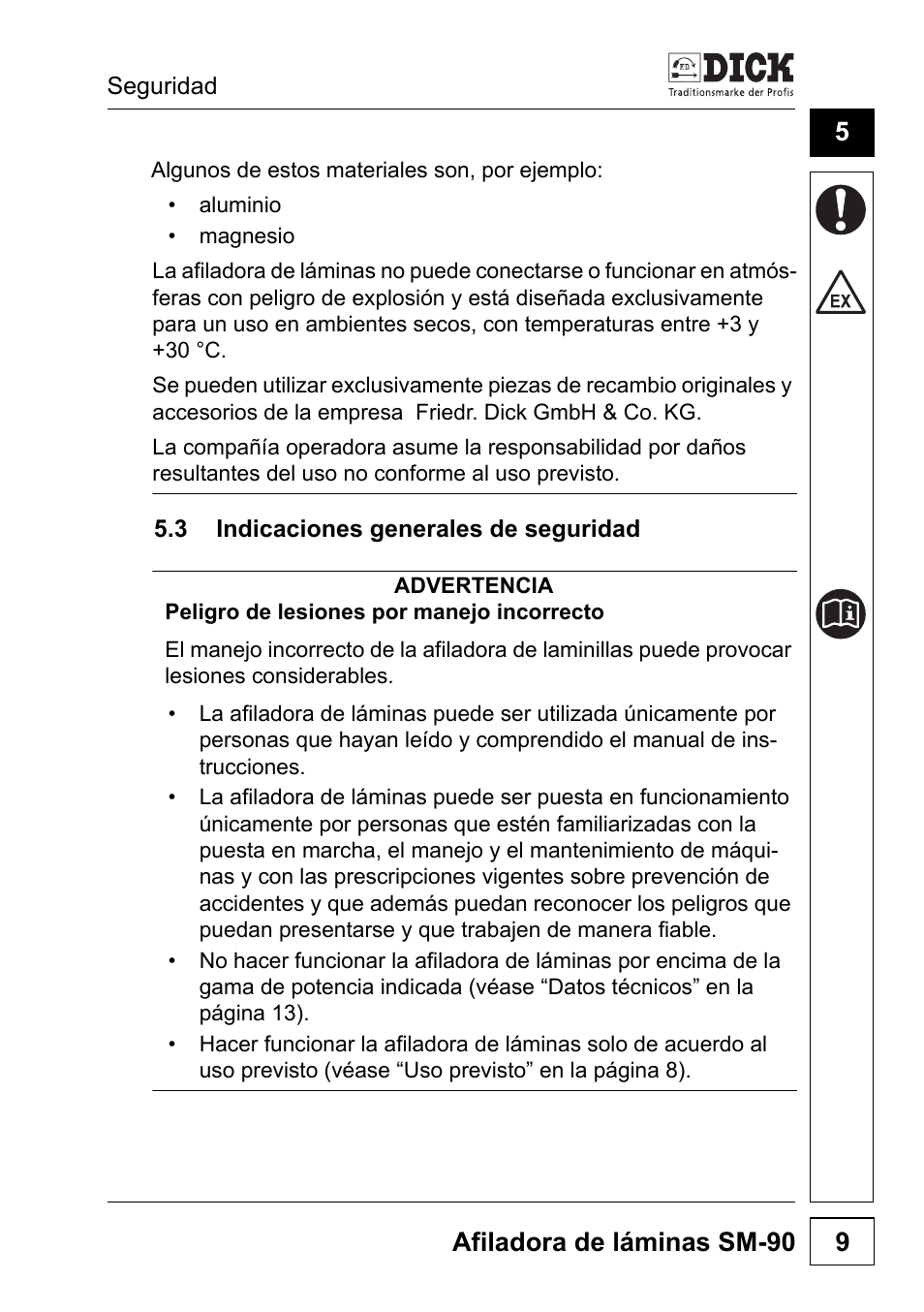 3 indicaciones generales de seguridad, Afiladora de láminas sm-90 9 | Dick SM-90 230V User Manual | Page 105 / 192