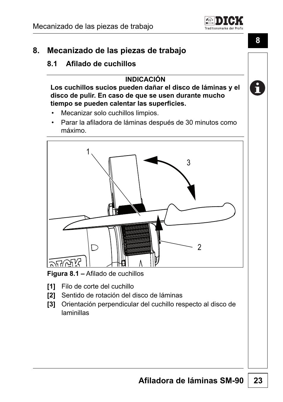 8 mecanizado de las piezas de trabajo, 1 afilado de cuchillos | Dick SM-90 230V User Manual | Page 119 / 192