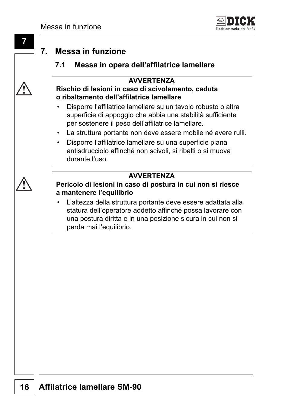 Messa in funzione, 1 messa in opera dell’affilatrice lamellare, Affilatrice lamellare sm-90 16 | Dick SM-90 230V User Manual | Page 144 / 192