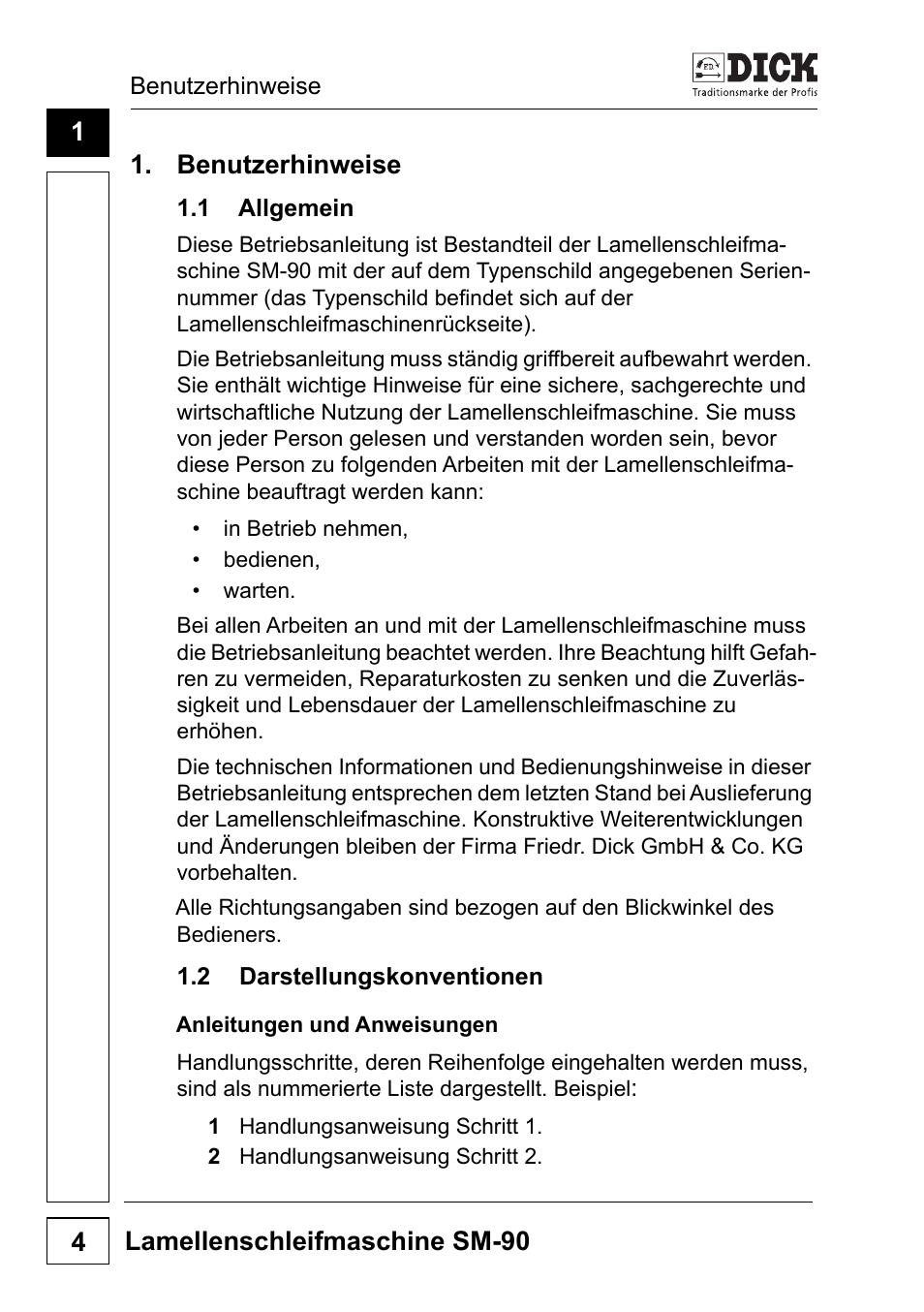 1 benutzerhinweise, 1 allgemein 1.2 darstellungskonventionen, Anleitungen und anweisungen | Dick SM-90 230V User Manual | Page 4 / 192