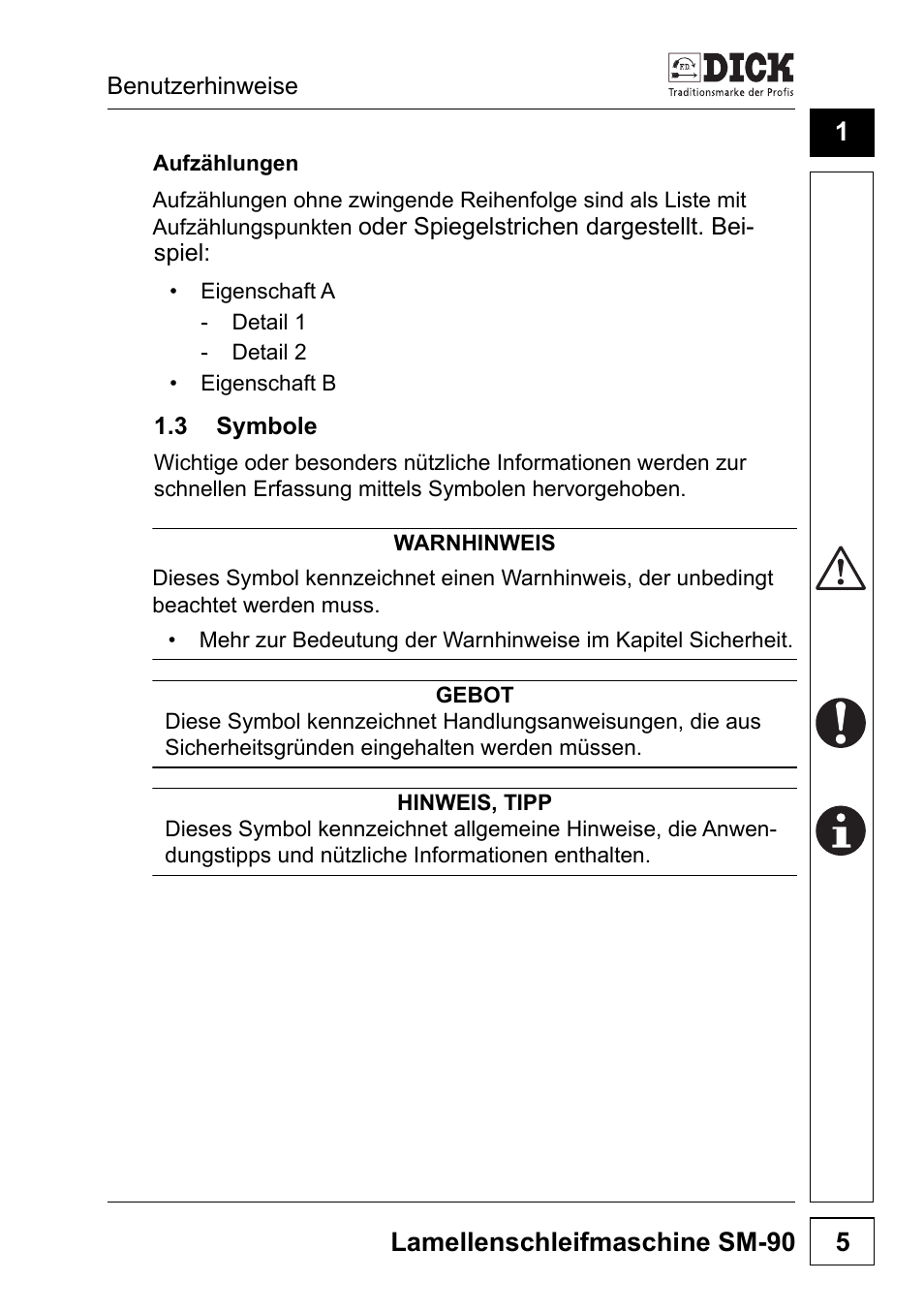 Aufzählungen, 3 symbole, Lamellenschleifmaschine sm-90 5 | Dick SM-90 230V User Manual | Page 5 / 192