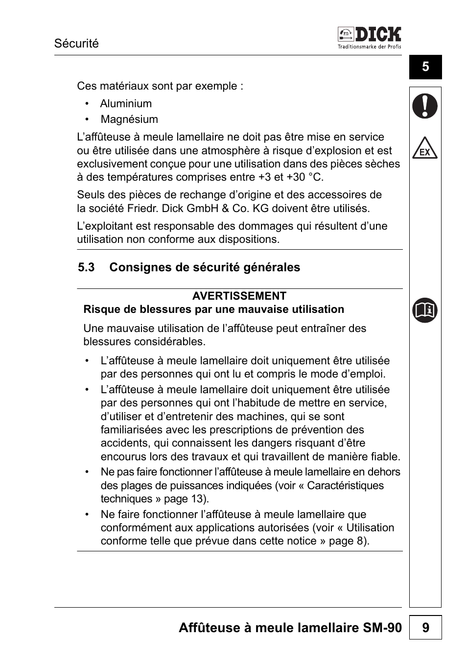 3 consignes de sécurité générales, Affûteuse à meule lamellaire sm-90 9 | Dick SM-90 230V User Manual | Page 73 / 192