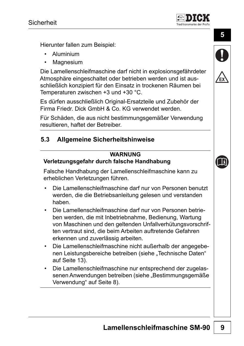 3 allgemeine sicherheitshinweise, Lamellenschleifmaschine sm-90 9 | Dick SM-90 230V User Manual | Page 9 / 192