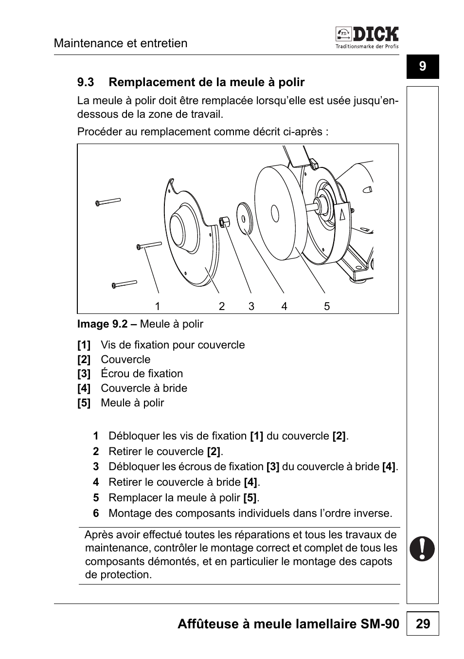 3] des deckels, Den deckel [2, 2] lösen | 2] abnehmen, Befestigungsmutter [3, 4] lösen, 3 remplacement de la meule à polir, Débloquer les vis de fixation [3] du couvercle, Affûteuse à meule lamellaire sm-90 29 | Dick SM-90 230V User Manual | Page 93 / 192