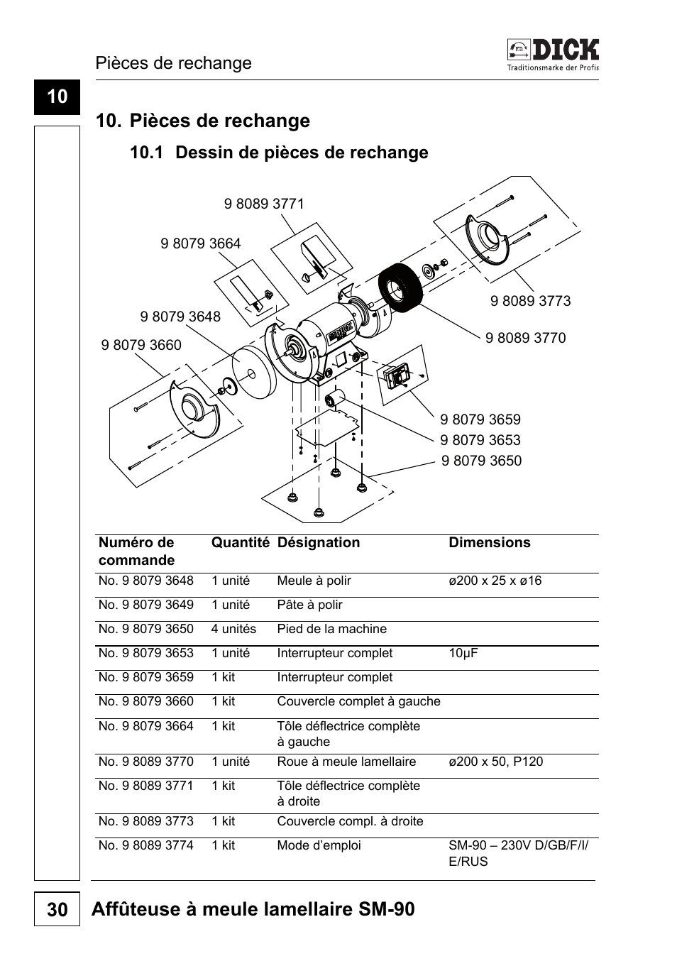 Affûteuse à meule lamellaire sm-90 30, 10 10. pièces de rechange, Pièces de rechange | 1 dessin de pièces de rechange | Dick SM-90 230V User Manual | Page 94 / 192