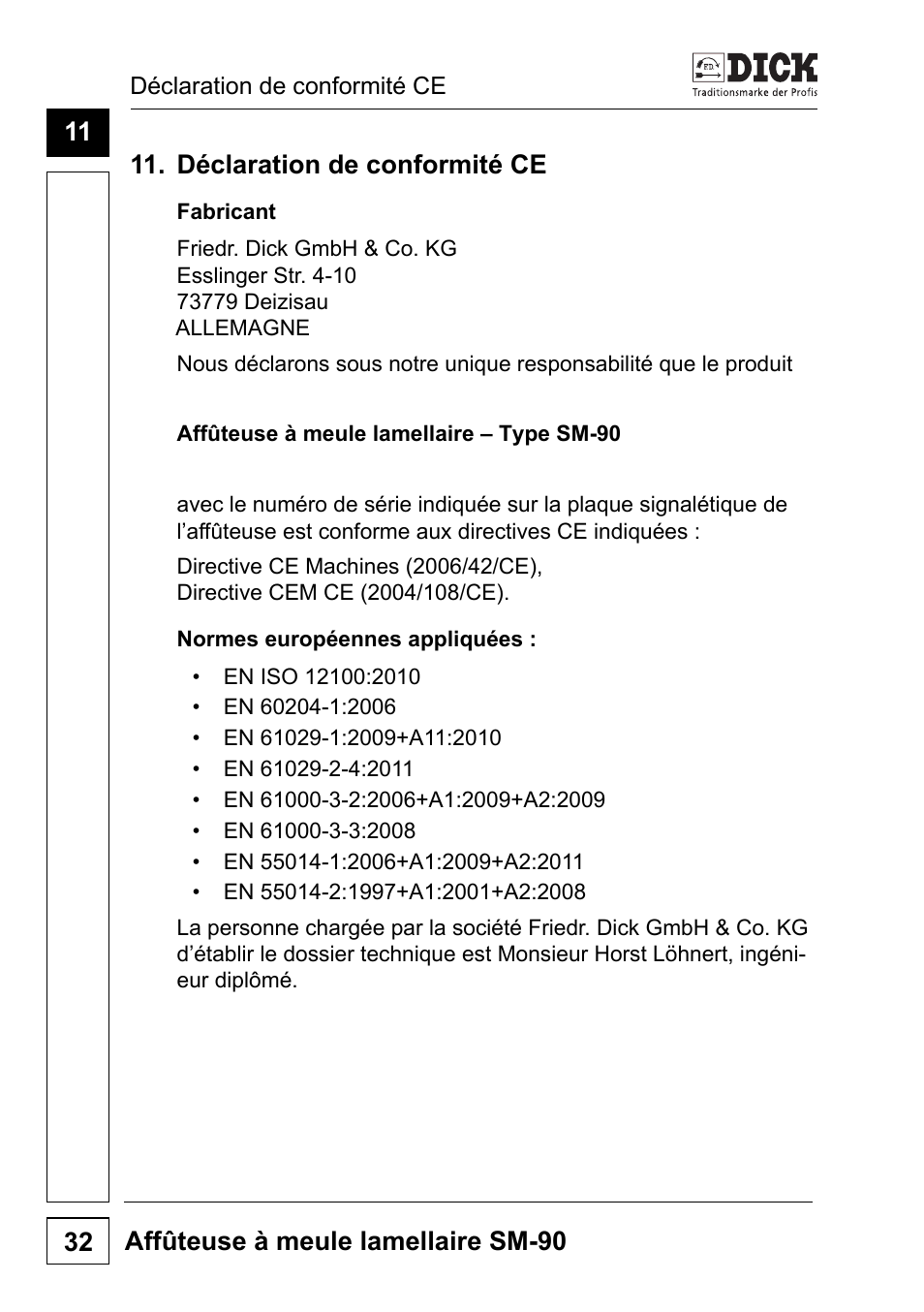 11 déclaration de conformité ce | Dick SM-90 230V User Manual | Page 96 / 192