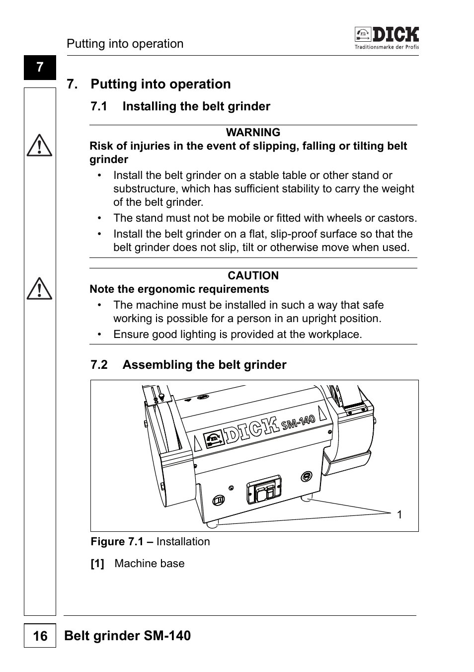 Putting into operation, 1 installing the belt grinder, 2 assembling the belt grinder | Dick SM-140 UltraSharp 230V User Manual | Page 16 / 36