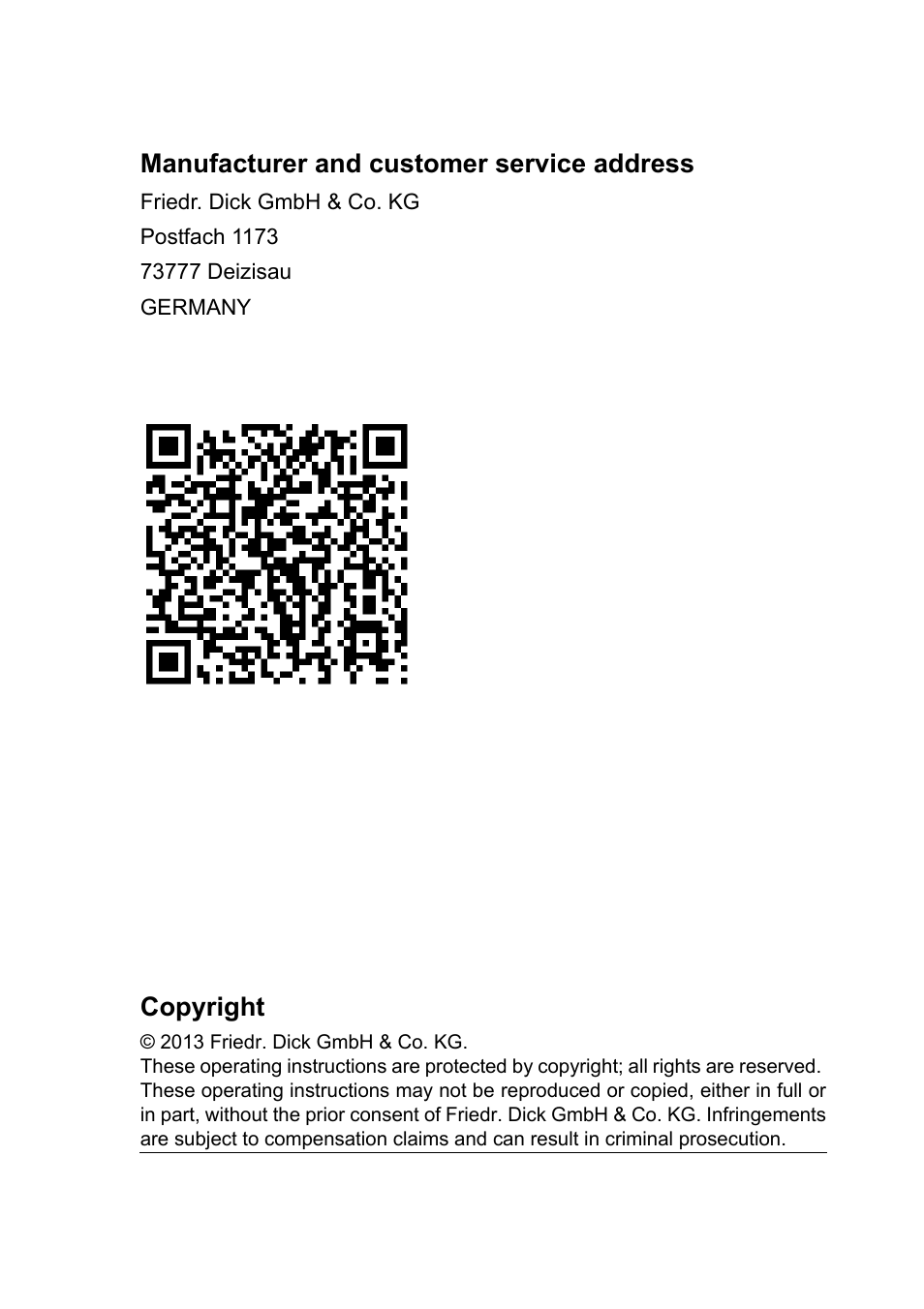 Manufacturer and customer service address, Copyright | Dick SM-140 UltraSharp 230V User Manual | Page 2 / 36