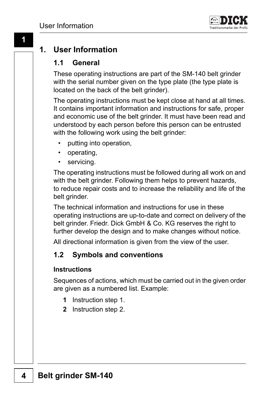 User information, 1 general, 2 symbols and conventions | Instructions, 1 general 1.2 symbols and conventions | Dick SM-140 UltraSharp 230V User Manual | Page 4 / 36