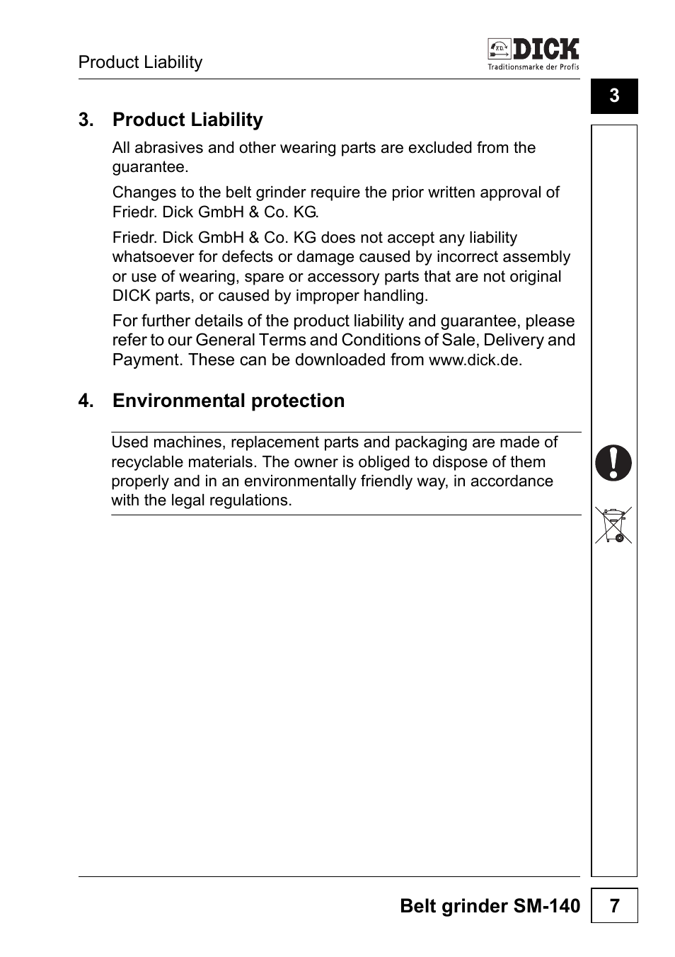 Product liability, Environmental protection | Dick SM-140 UltraSharp 230V User Manual | Page 7 / 36