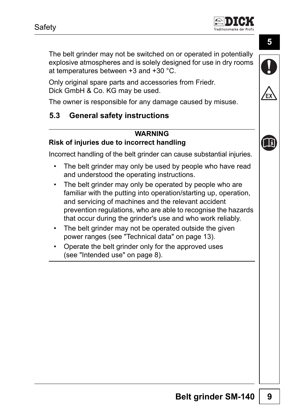 3 general safety instructions, Belt grinder sm-140 9 | Dick SM-140 UltraSharp 230V User Manual | Page 9 / 36