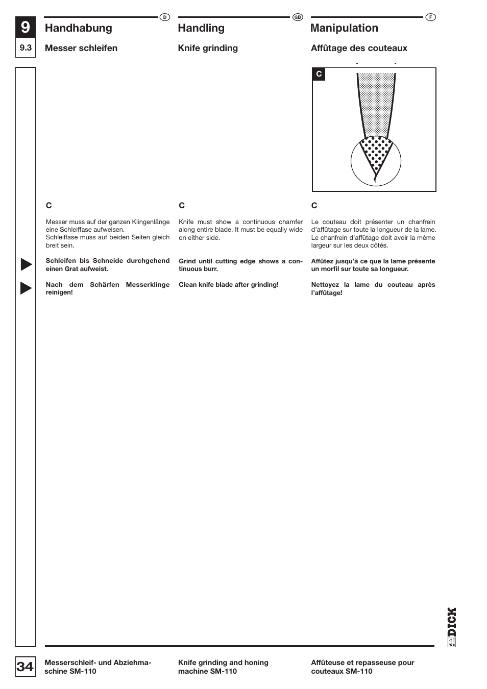 Handhabung, Handling, Manipulation | Dick SM-110 230V User Manual | Page 34 / 69