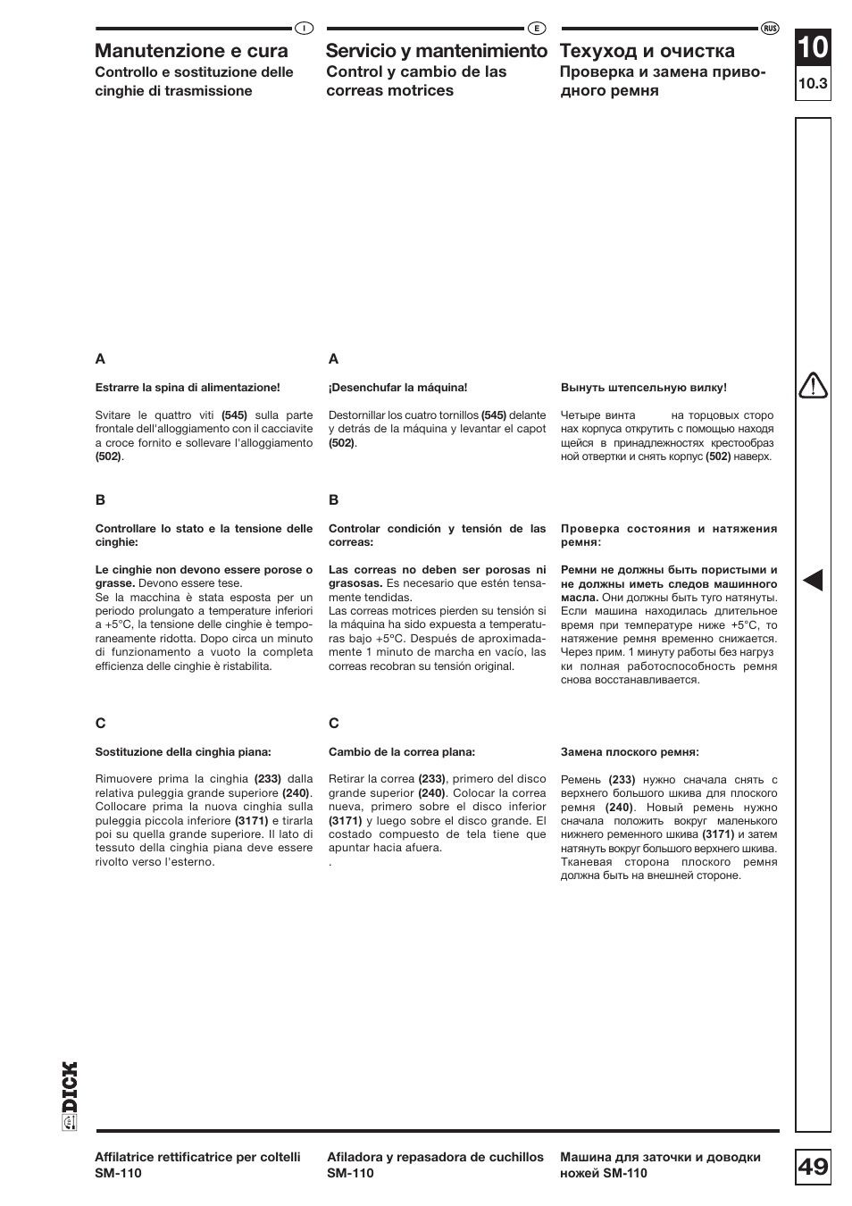 Manutenzione e cura servicio y mantenimiento, Ɍɟɯɭɯɨɞɢɨɱɢɫɬɤɚ | Dick SM-110 230V User Manual | Page 49 / 69