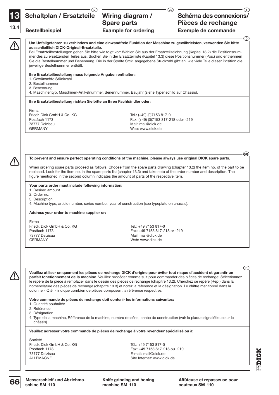 Schaltplan / ersatzteile, Wiring diagram, Schéma des connexions | Spare parts, Pièces de rechange, Bestellbeispiel, Example for ordering, Exemple de commande | Dick SM-110 230V User Manual | Page 68 / 69