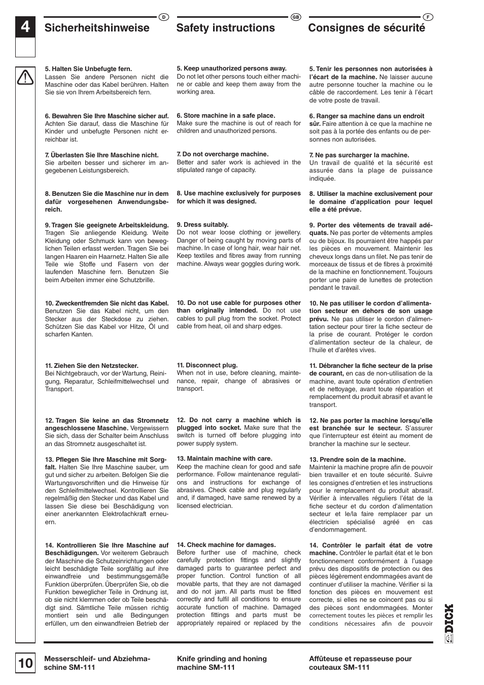 Sicherheitshinweise, Safety instructions, Consignes de sécurité | Dick SM-111 230V User Manual | Page 10 / 75