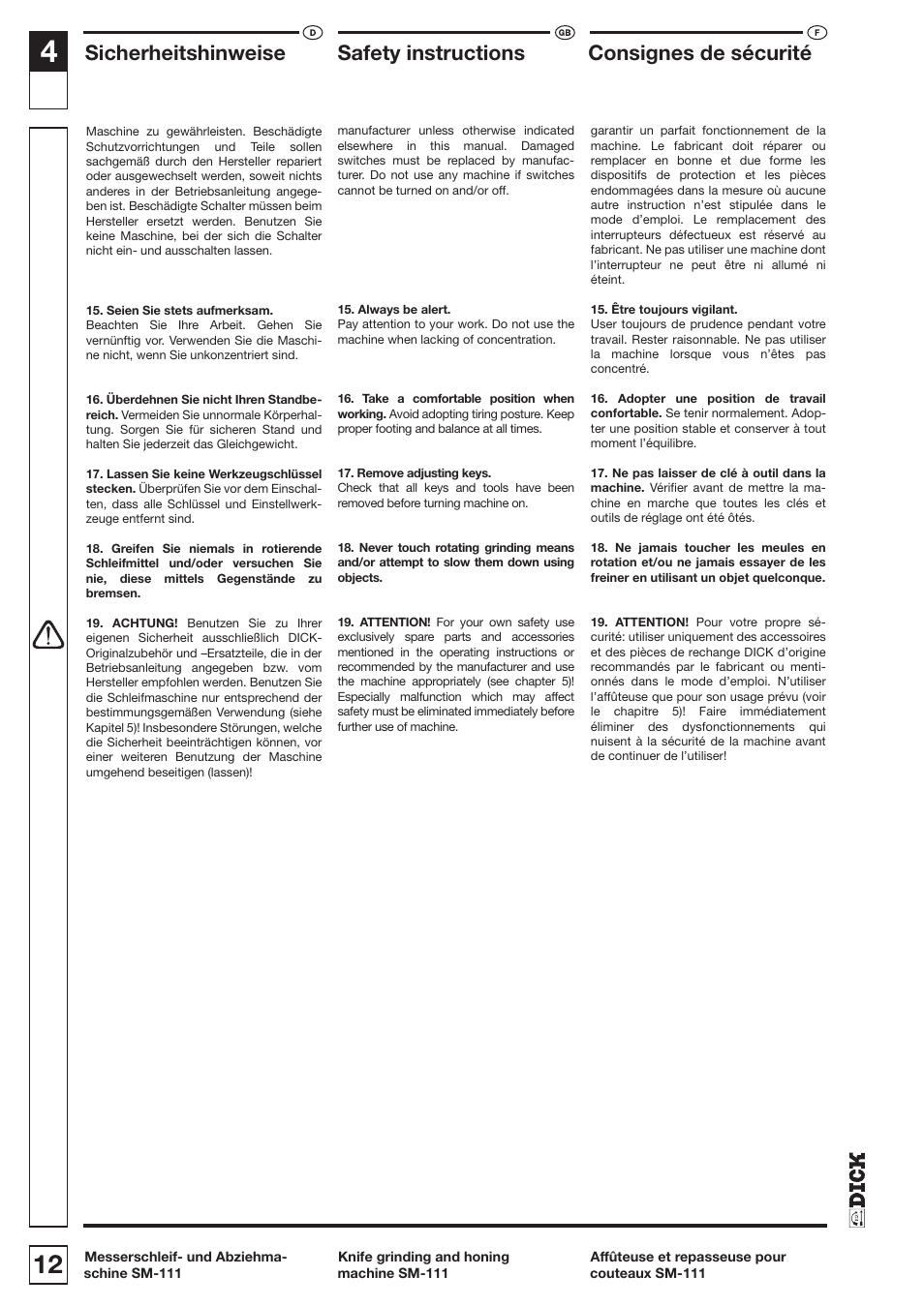 Sicherheitshinweise, Safety instructions, Consignes de sécurité | Dick SM-111 230V User Manual | Page 12 / 75