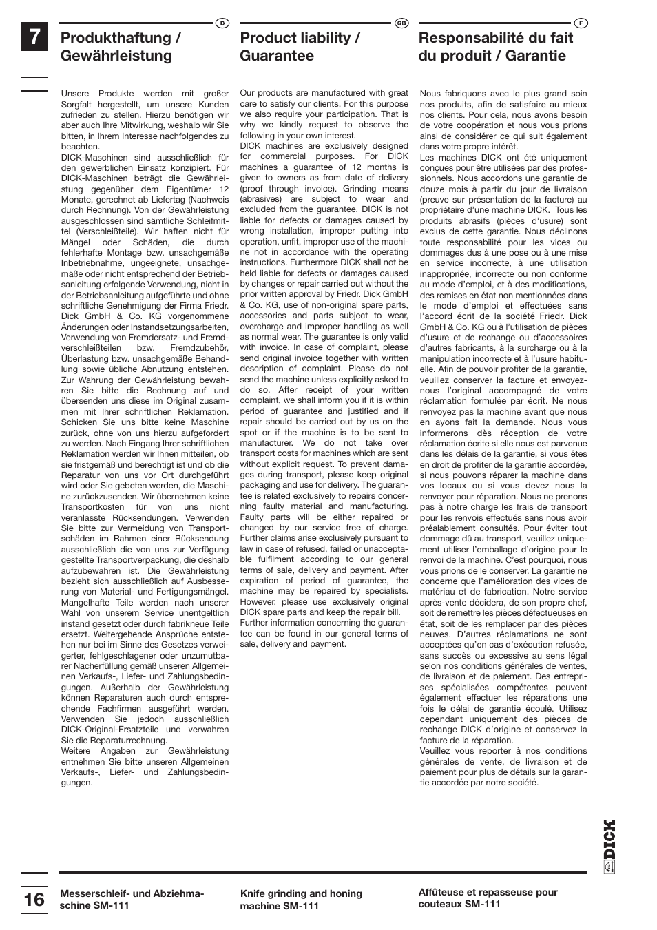 Produkthaftung, Product liability, Responsabilité du fait gewährleistung | Guarantee, Du produit / garantie | Dick SM-111 230V User Manual | Page 16 / 75