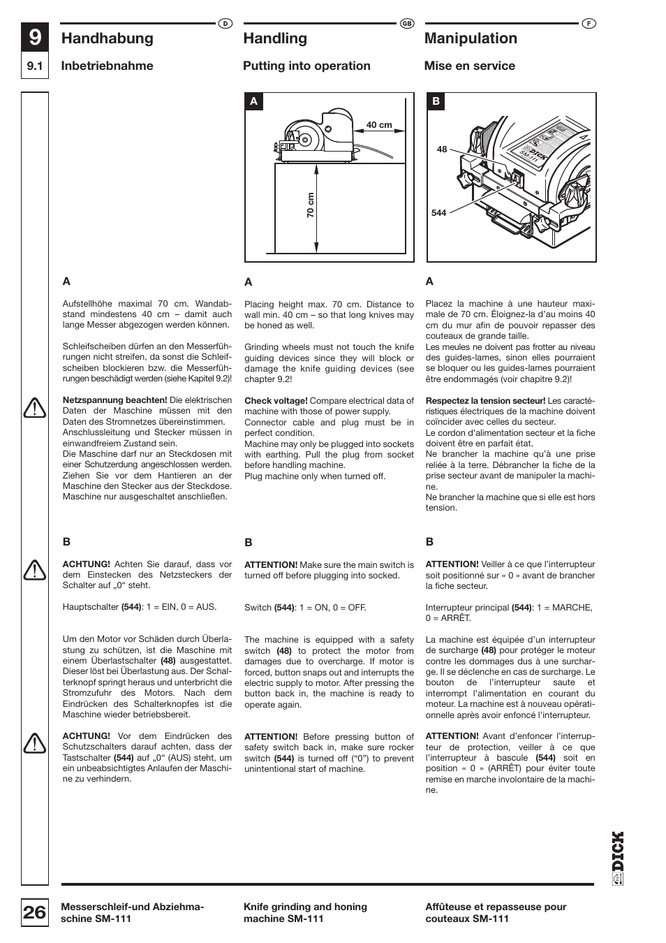 Handhabung, Handling, Manipulation | Inbetriebnahme, Putting into operation, Mise en service | Dick SM-111 230V User Manual | Page 26 / 75