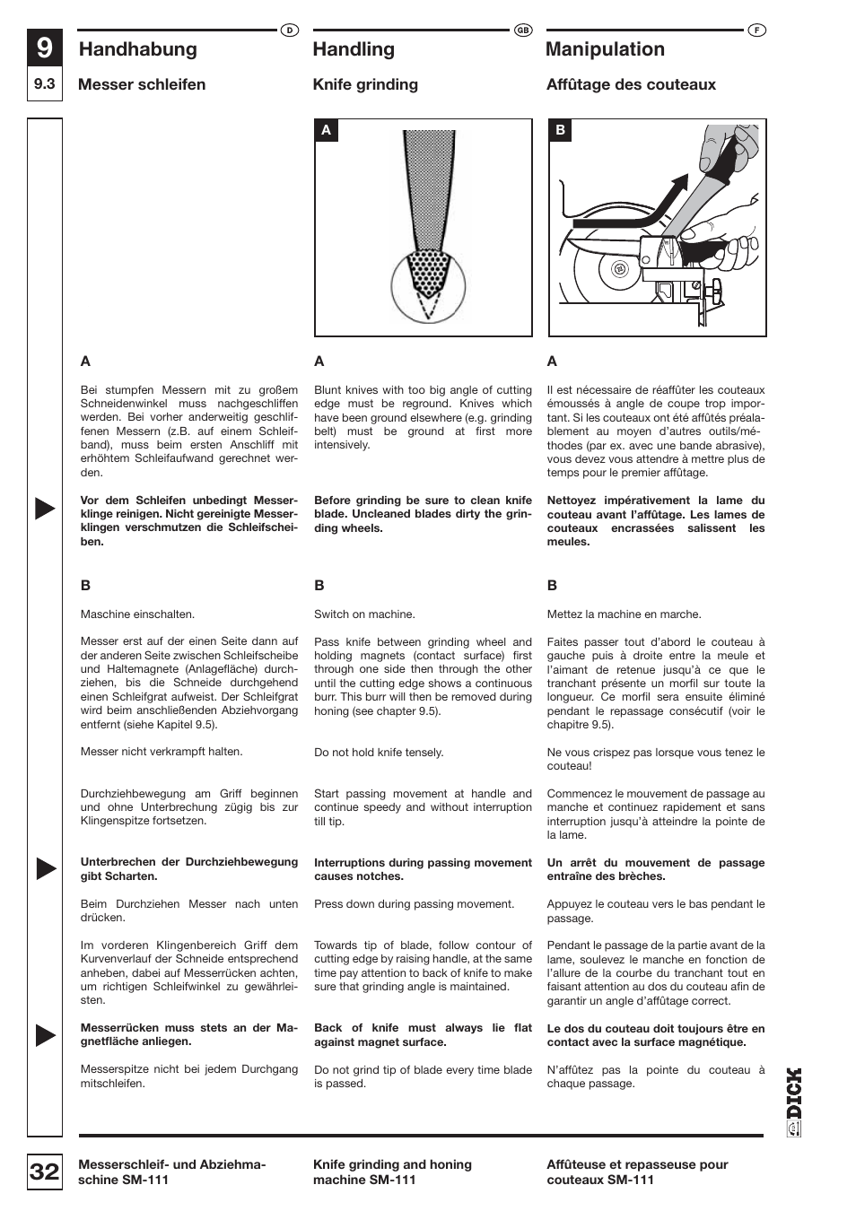 Handhabung, Handling, Manipulation | Messer schleifen, Knife grinding, Affûtage des couteaux | Dick SM-111 230V User Manual | Page 32 / 75