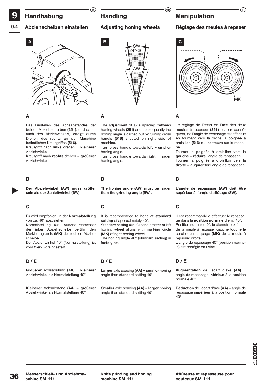 Handhabung, Handling, Manipulation | Dick SM-111 230V User Manual | Page 36 / 75