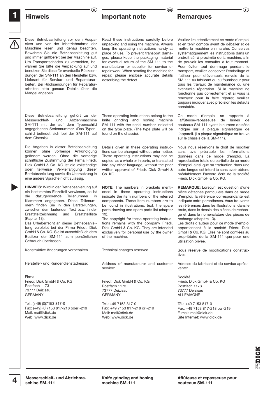 Hinweis, Remarques | Dick SM-111 230V User Manual | Page 4 / 75