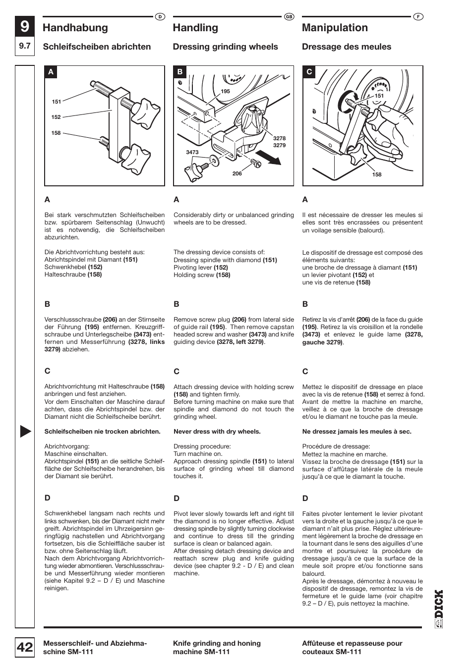 Handhabung, Handling, Manipulation | Schleifscheiben abrichten, Dressing grinding wheels, Dressage des meules | Dick SM-111 230V User Manual | Page 42 / 75