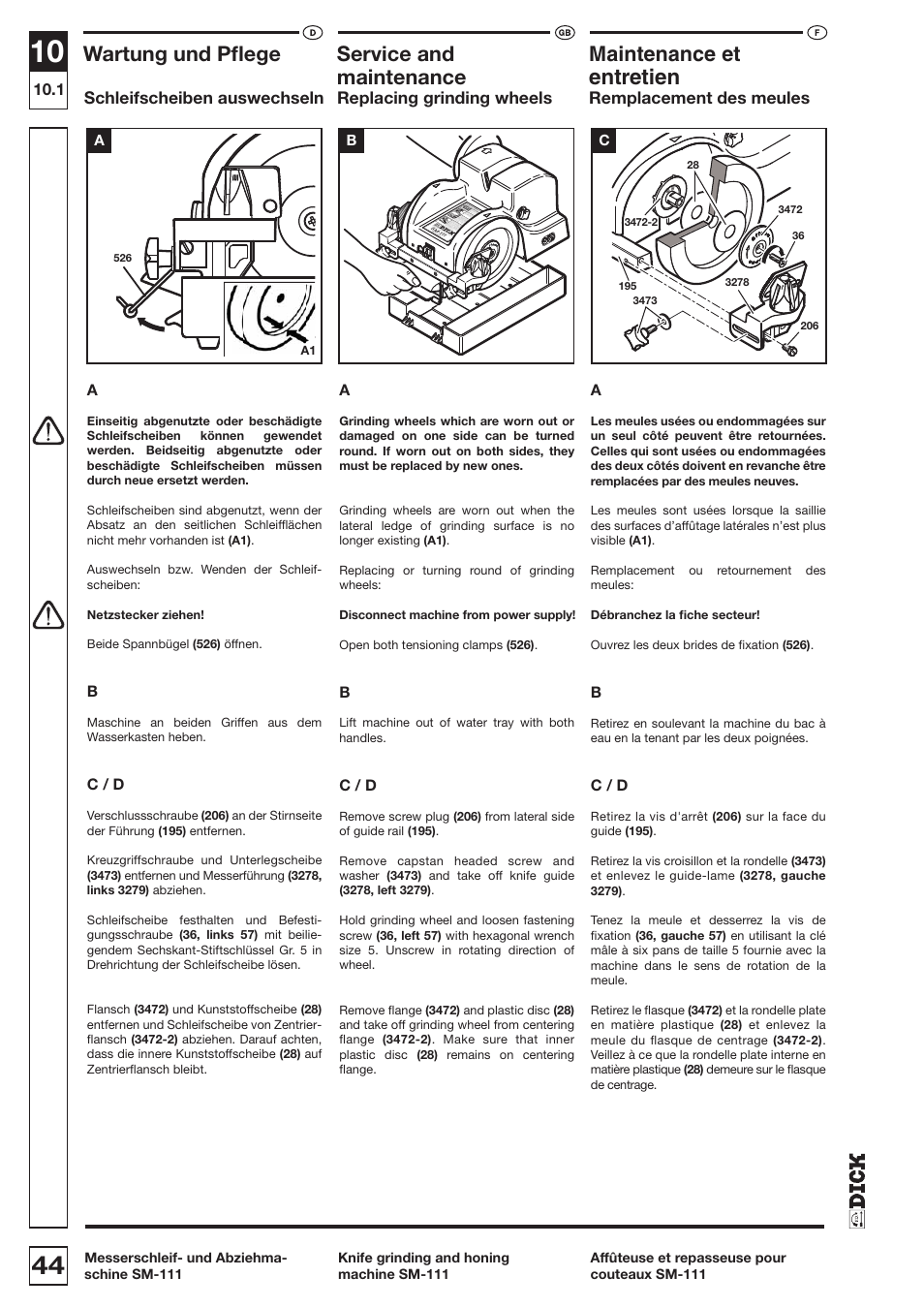 Entretien, Wartung und pﬂege, Service and | Maintenance et, Maintenance | Dick SM-111 230V User Manual | Page 44 / 75