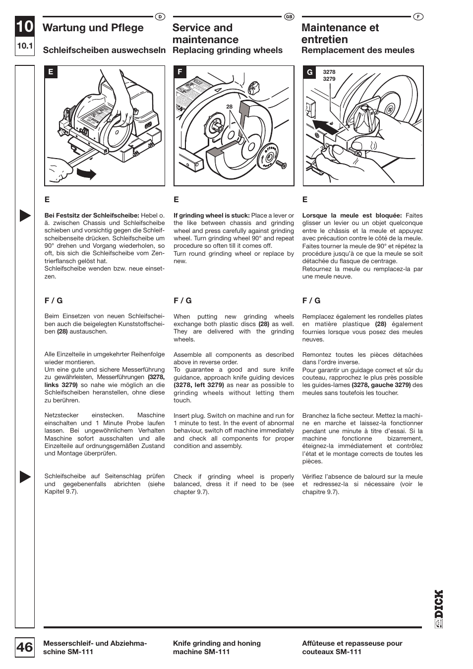 Entretien, Wartung und pﬂege, Service and | Maintenance et, Maintenance | Dick SM-111 230V User Manual | Page 46 / 75