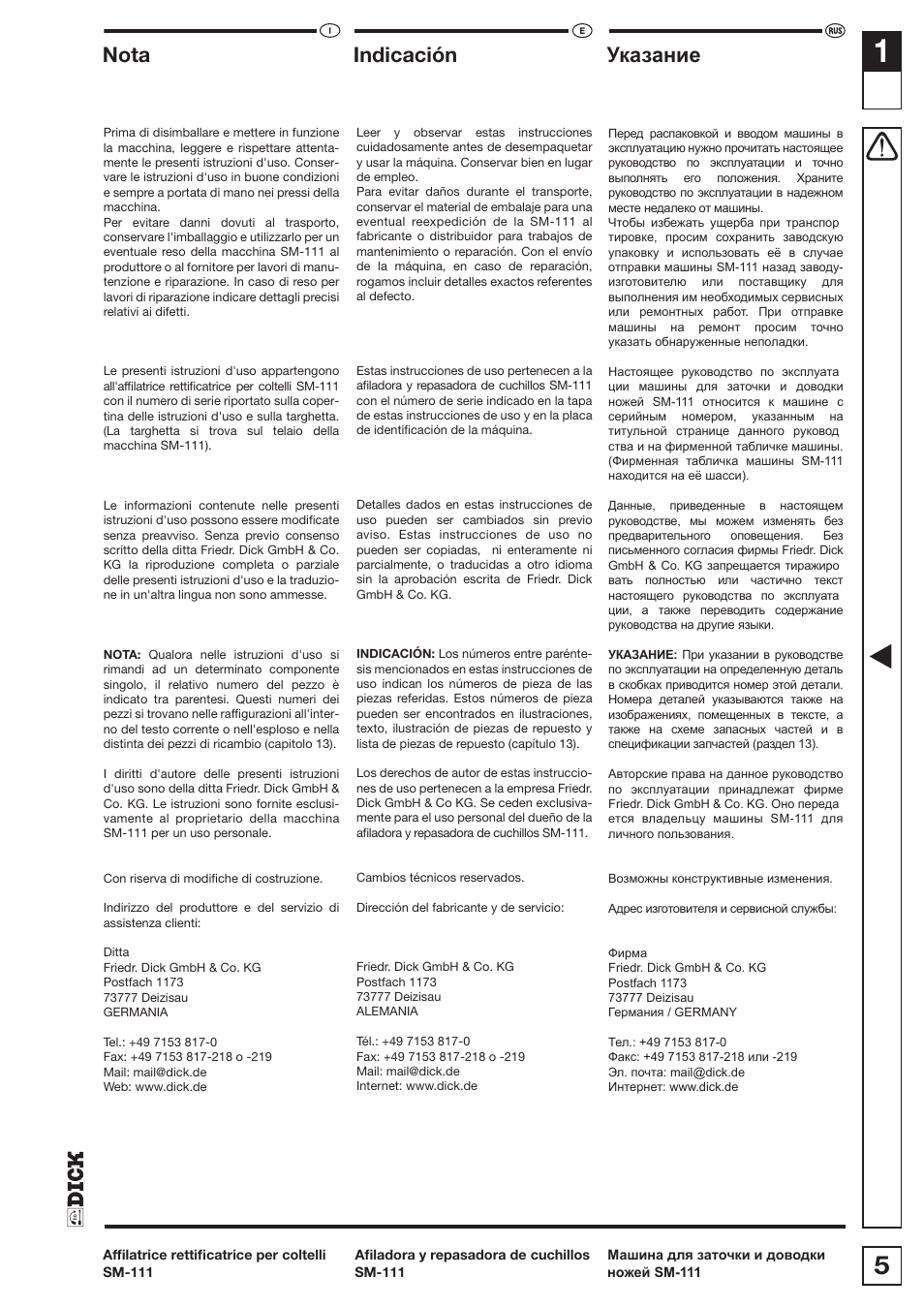 Nota, Indicación, Ɍɤɚɡɚɧɢɟ | Dick SM-111 230V User Manual | Page 5 / 75