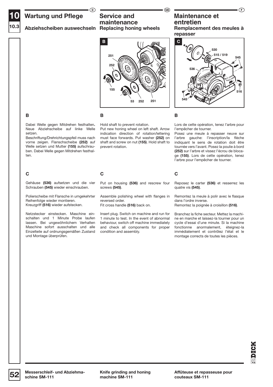 Entretien, Wartung und pﬂege, Service and | Maintenance et, Maintenance | Dick SM-111 230V User Manual | Page 52 / 75