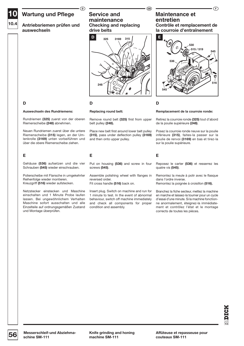 Entretien, Wartung und pﬂege, Service and | Maintenance et, Maintenance | Dick SM-111 230V User Manual | Page 56 / 75