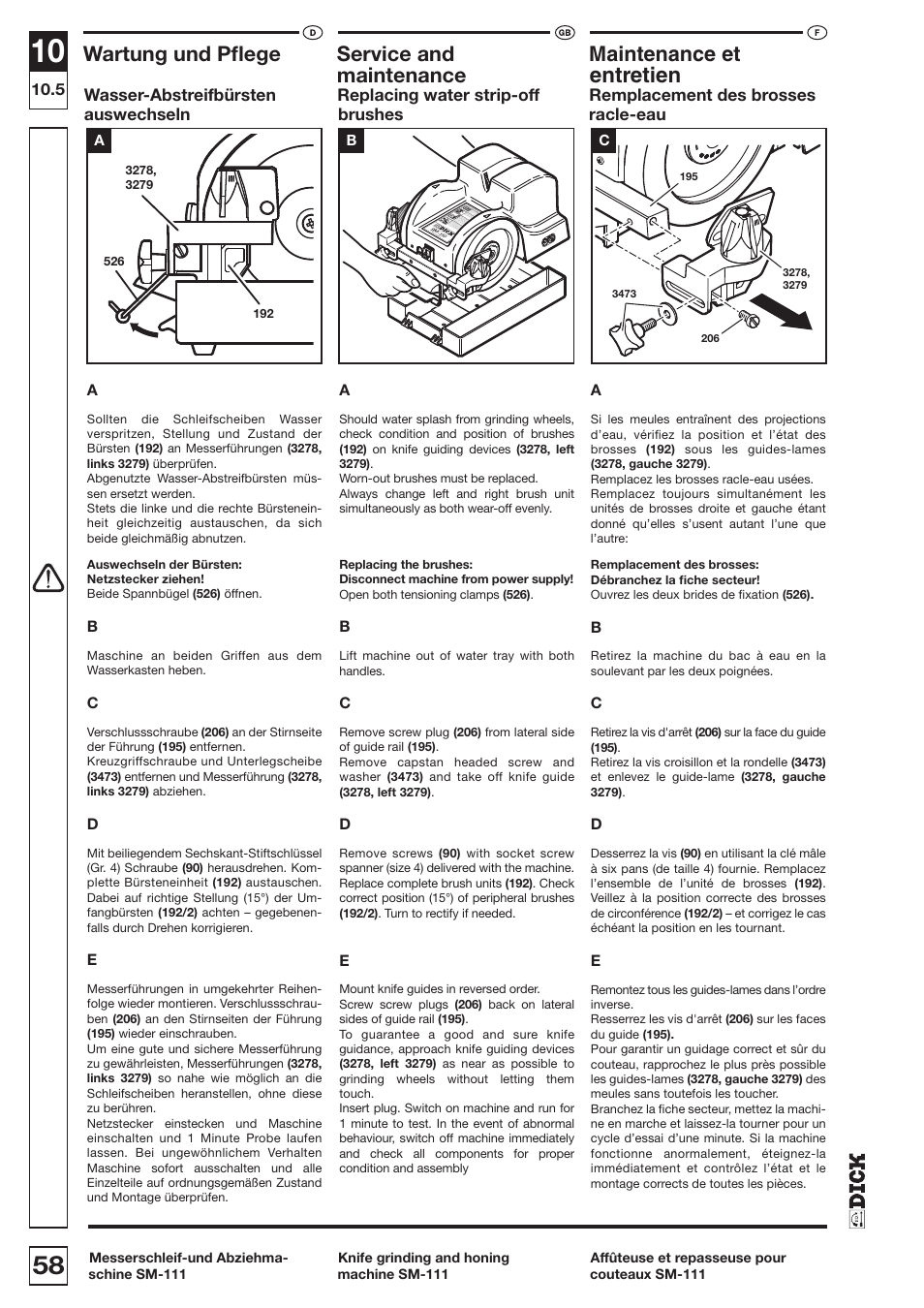 Entretien, Wartung und pﬂege, Service and | Maintenance et, Maintenance | Dick SM-111 230V User Manual | Page 58 / 75