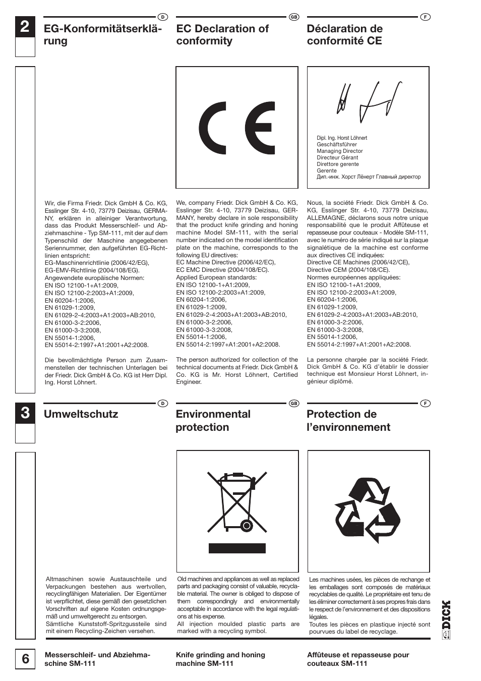 Eg-konformitätserklä, Ec declaration of, Déclaration de rung conformity | Conformité ce, Umweltschutz, Environmental, Protection de, Protection, L’environnement | Dick SM-111 230V User Manual | Page 6 / 75