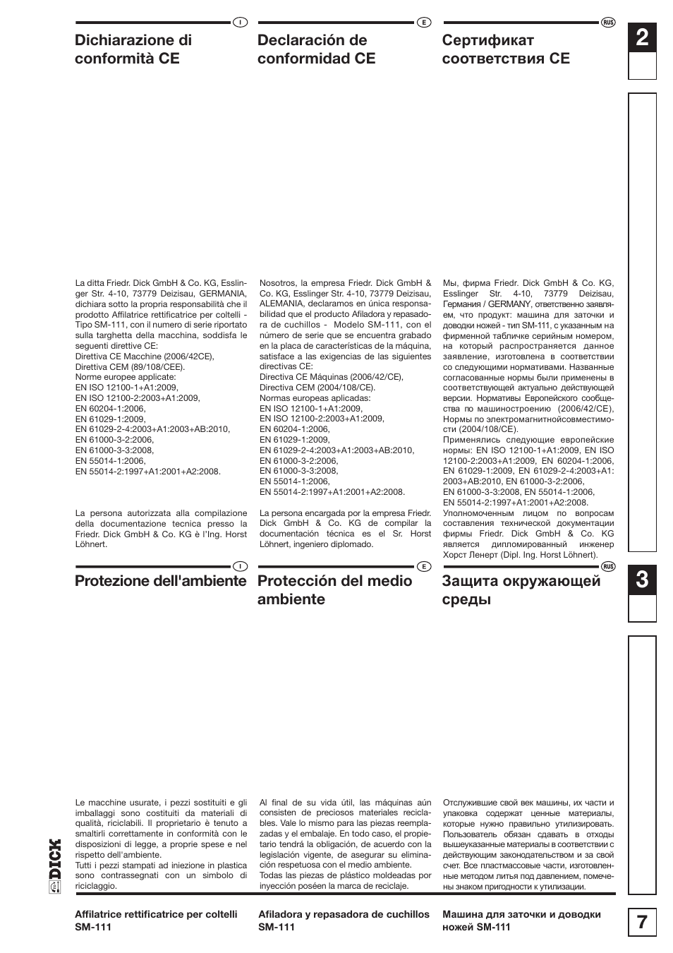 Dichiarazione di | Dick SM-111 230V User Manual | Page 7 / 75