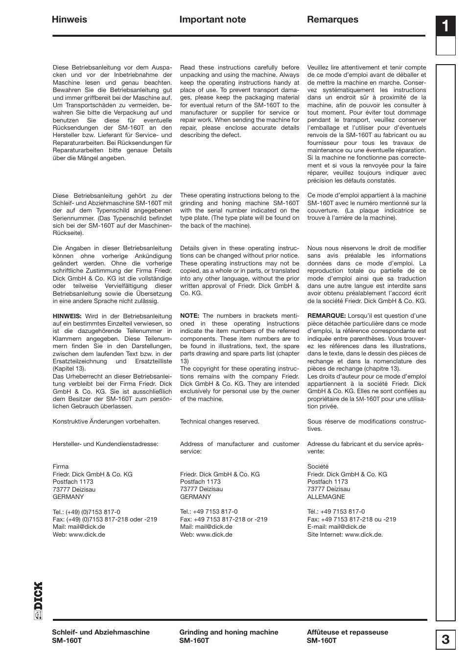 Dick SM-160 T 230V User Manual | Page 3 / 26