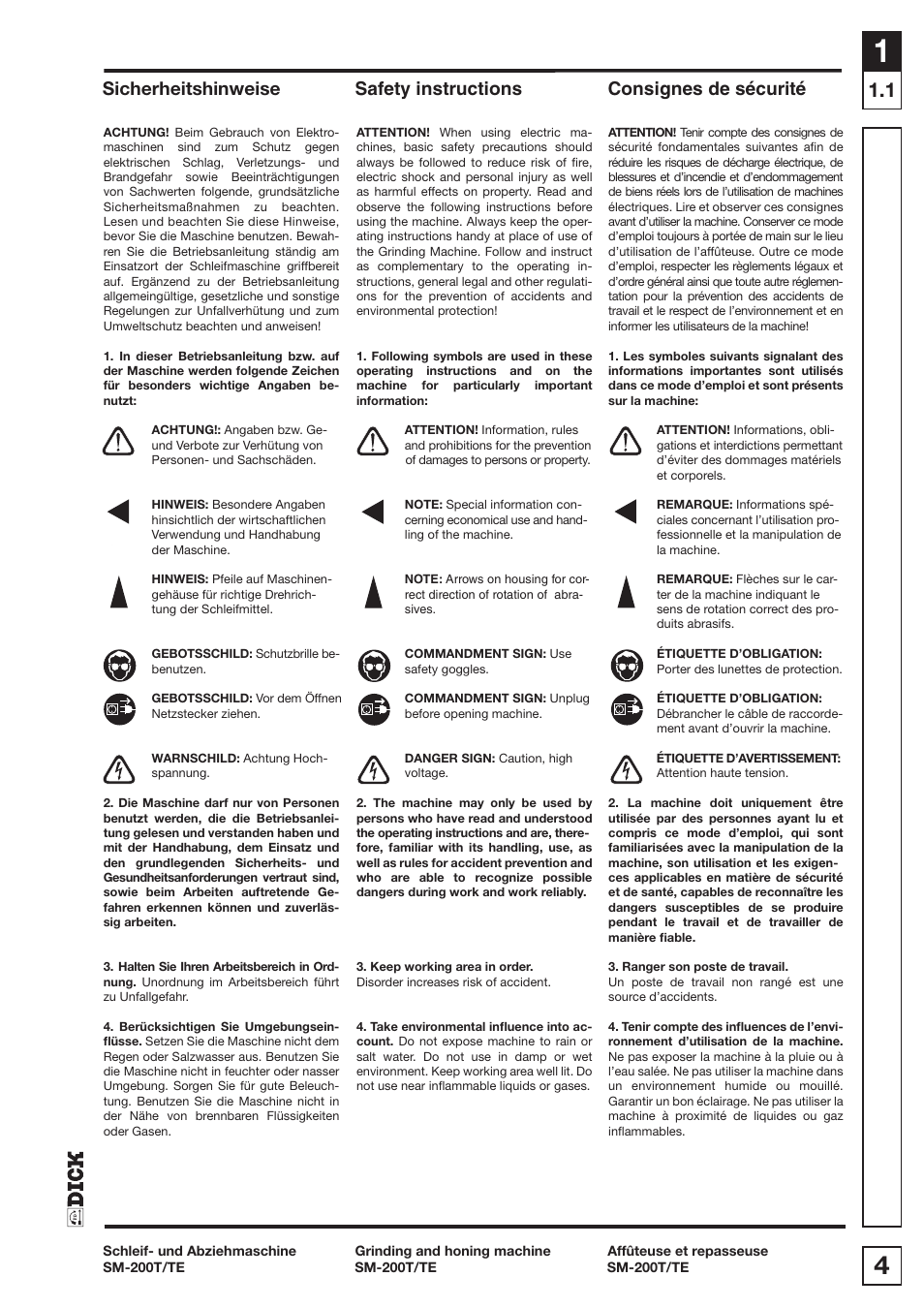 Entretien, Wartung und pflege, Servicing and | Maintenance et, Maintenance | Dick SM-200 400V User Manual | Page 4 / 34