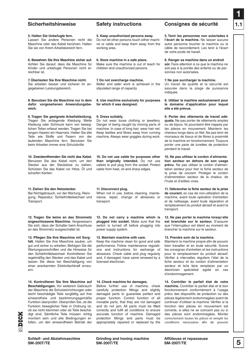 Entretien, Wartung und pflege, Servicing and | Maintenance et, Maintenance, Sicherheitshinweise, Safety instructions consignes de sécurité | Dick SM-200 400V User Manual | Page 5 / 34