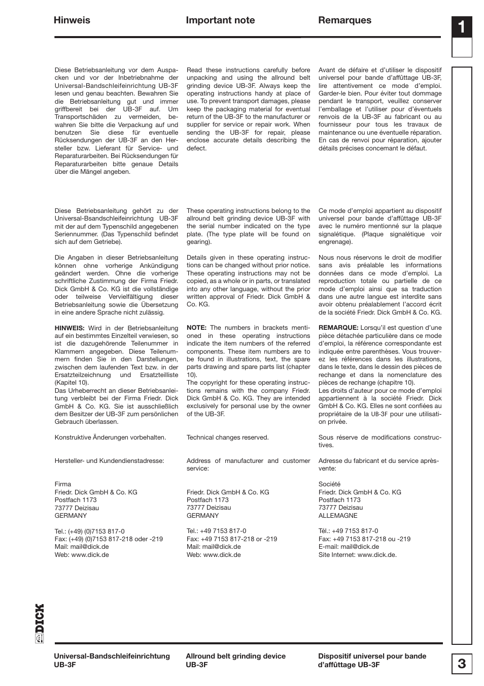 Dick UB3F User Manual | Page 3 / 20