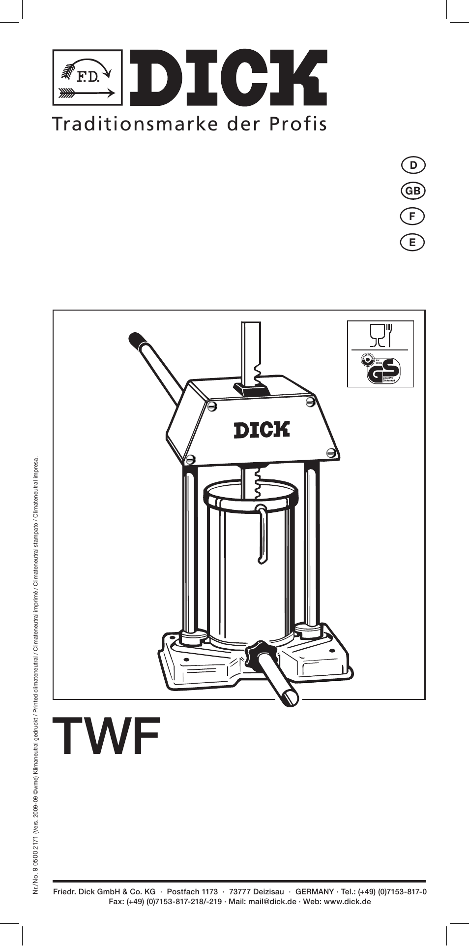 Dick Sausage Filler TWF User Manual | 8 pages