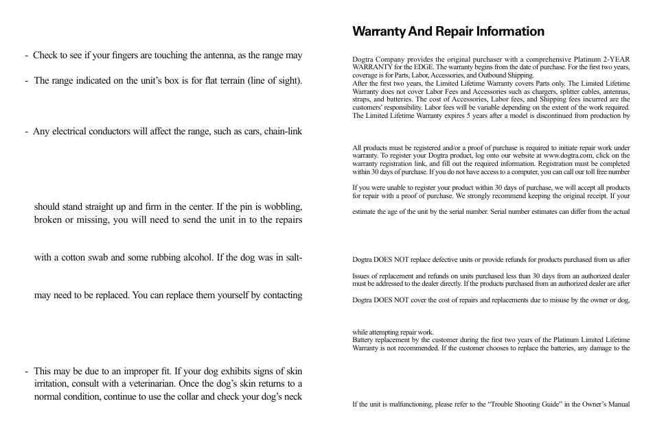 Warranty and repair information | Dogtra EDGE User Manual | Page 18 / 19