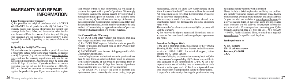 Warranty and repair information | Dogtra iQ Remote Trainer User Manual | Page 15 / 15