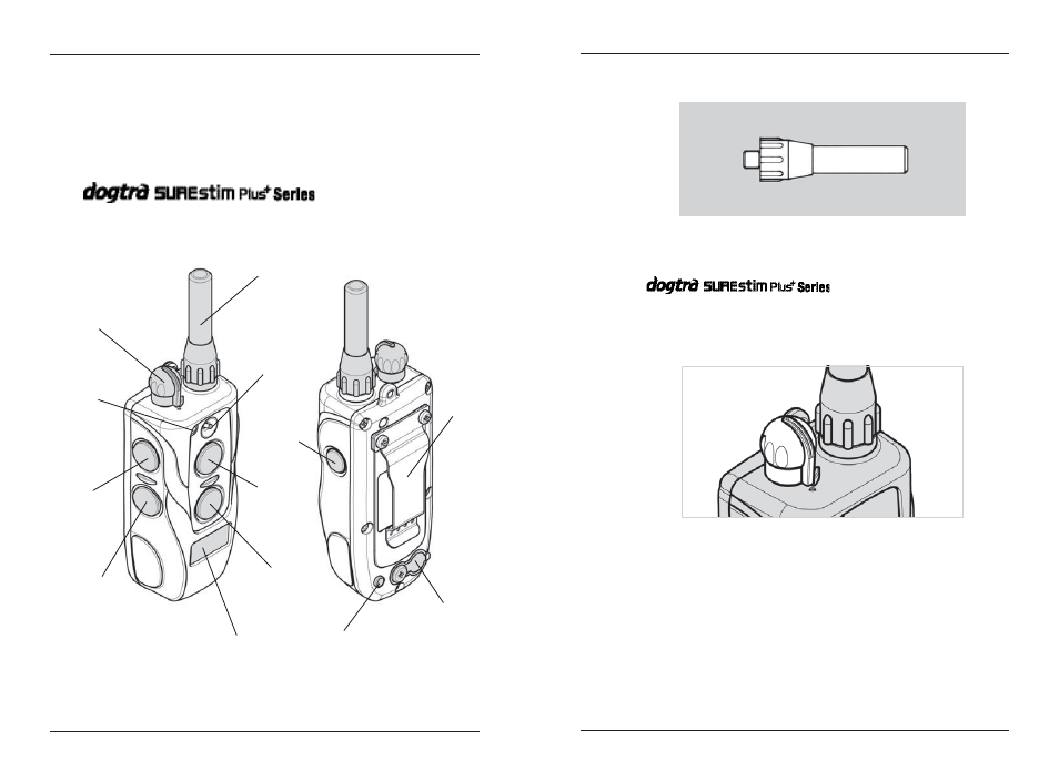 Description of transmitter parts, Transmitter, 6description of transmitter parts | 7description of transmitter parts | Dogtra SureStim M Plus User Manual | Page 5 / 20